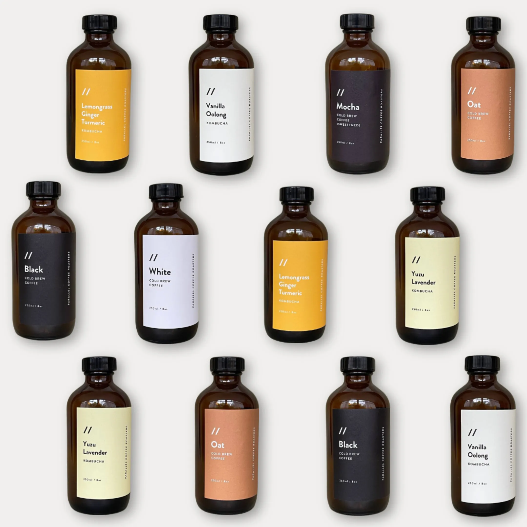 Rows of Parallel cold brew bottles in different flavours